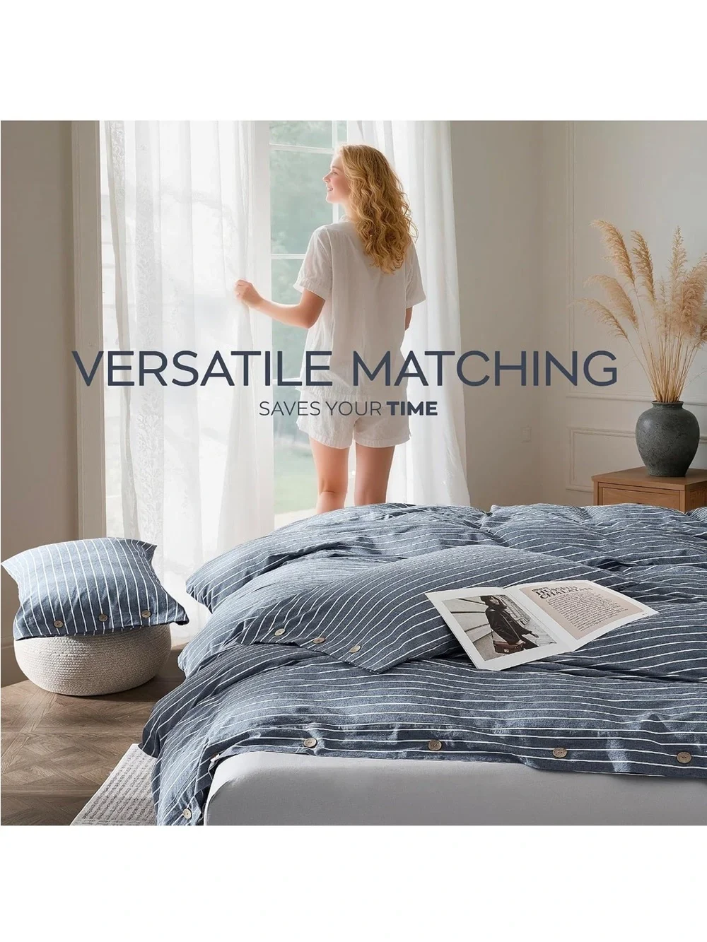 NEW JELLYMONI Blue Pinstriped, 100% WashedCotton Duvet Cover King Size - 3PCS